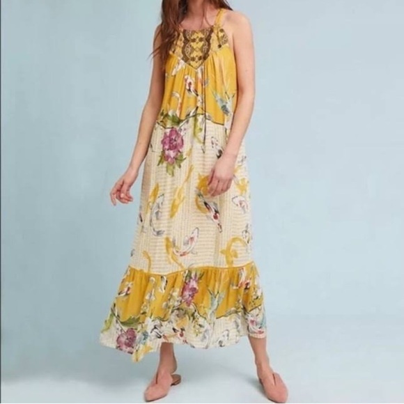 Anthropologie One September Maxi Dress Yellow Paradiso Koi Fish Size XS - Picture 1 of 14
